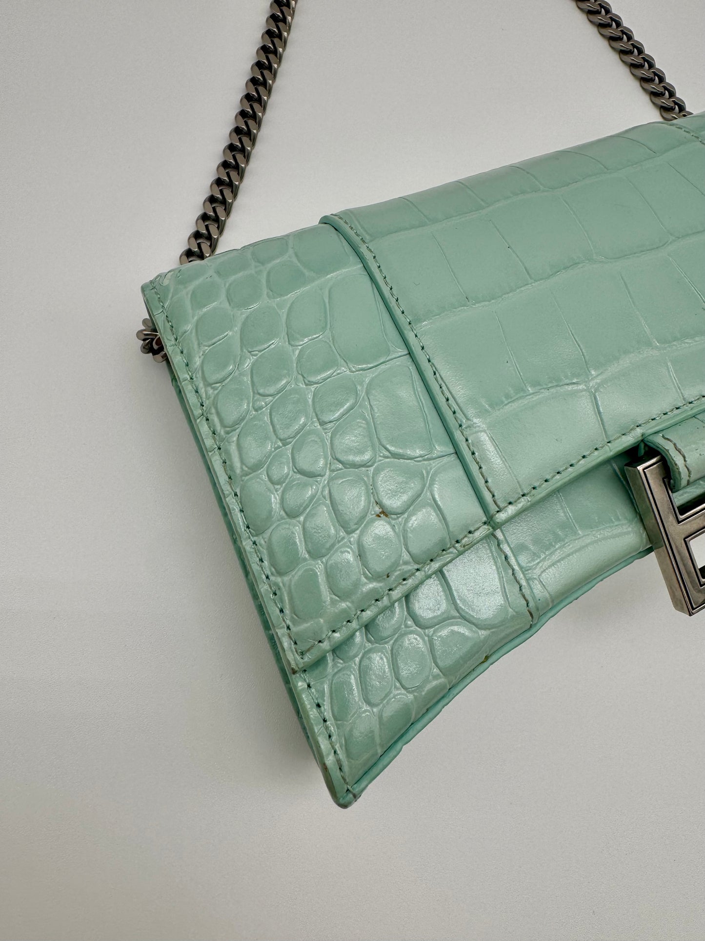 BALENCIAGA HOURGLASS CROC EMBOSSED LEATHER WALLET ON CHAIN