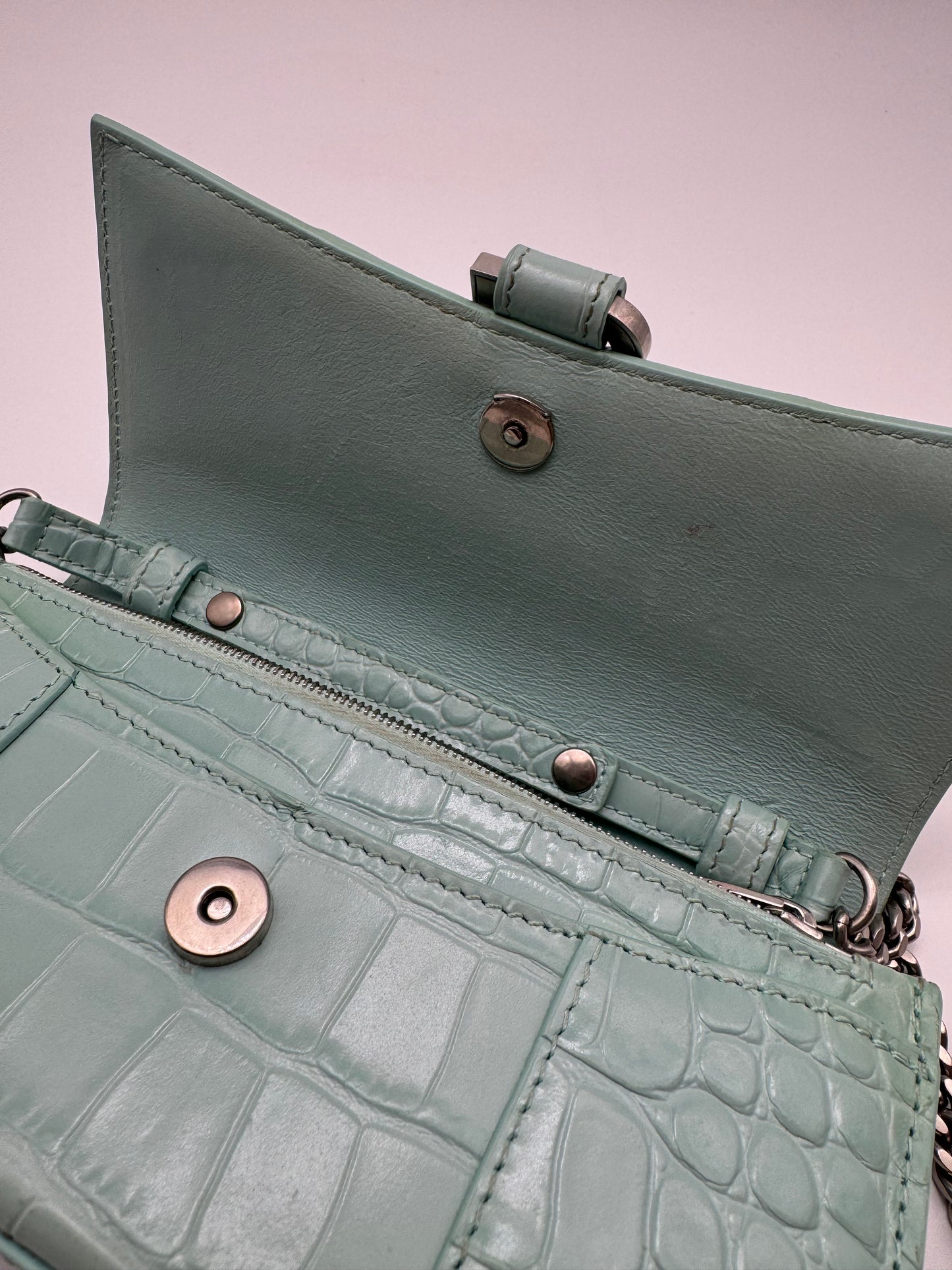 BALENCIAGA CROC EMBOSSED CROSSBODY LIGHT GREEN