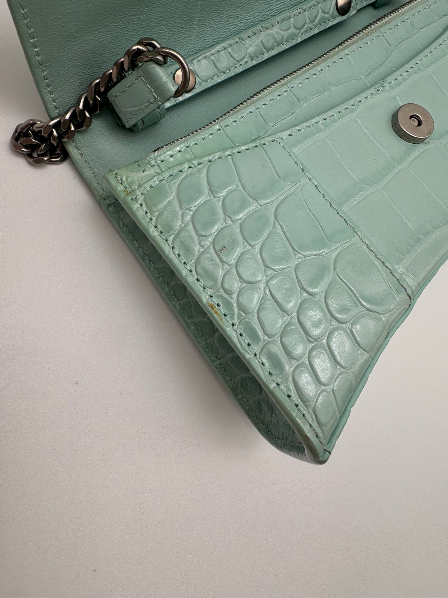 BALENCIAGA HOURGLASS CROC EMBOSSED LEATHER WALLET ON CHAIN