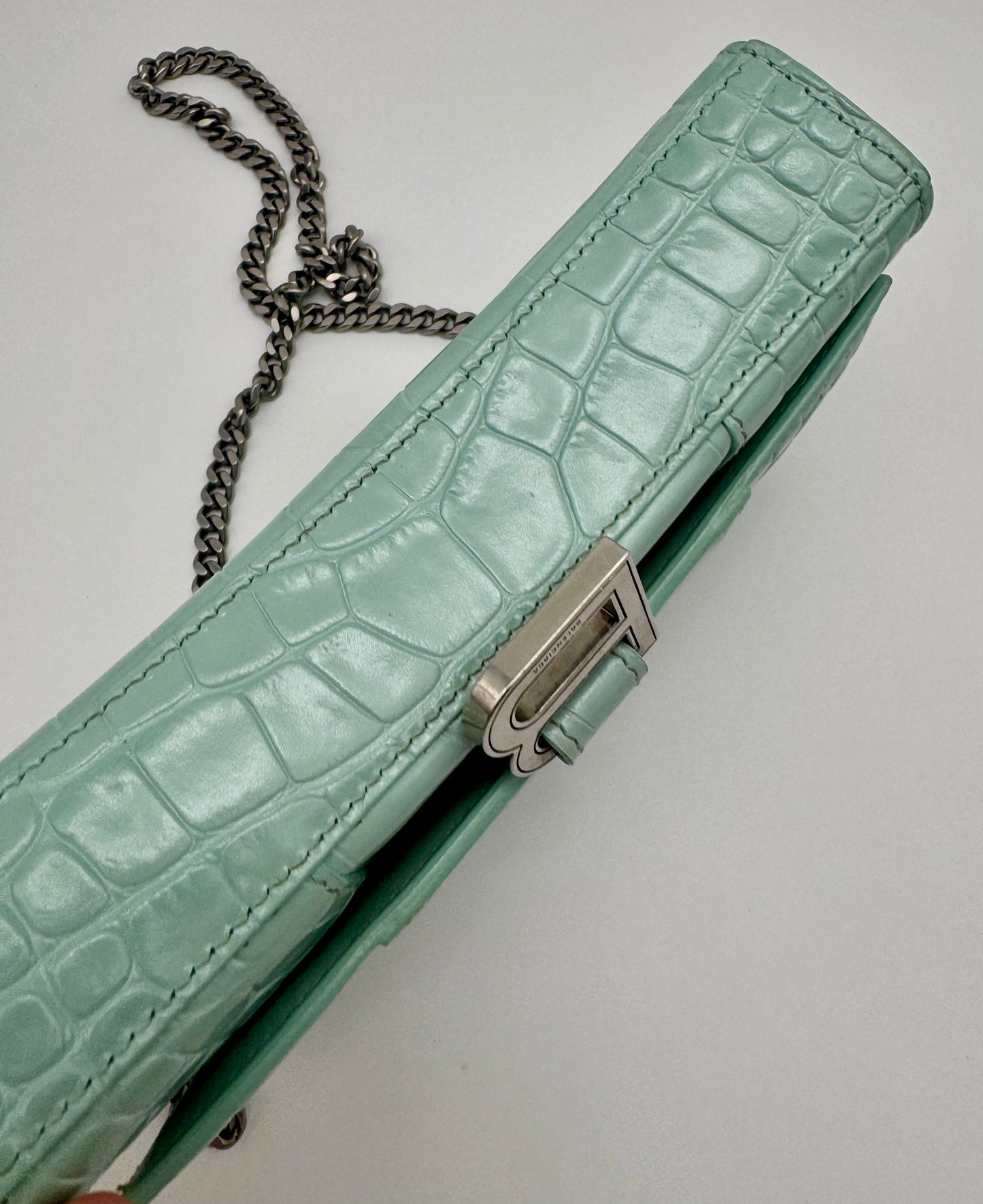 BALENCIAGA CROC EMBOSSED CROSSBODY LIGHT GREEN