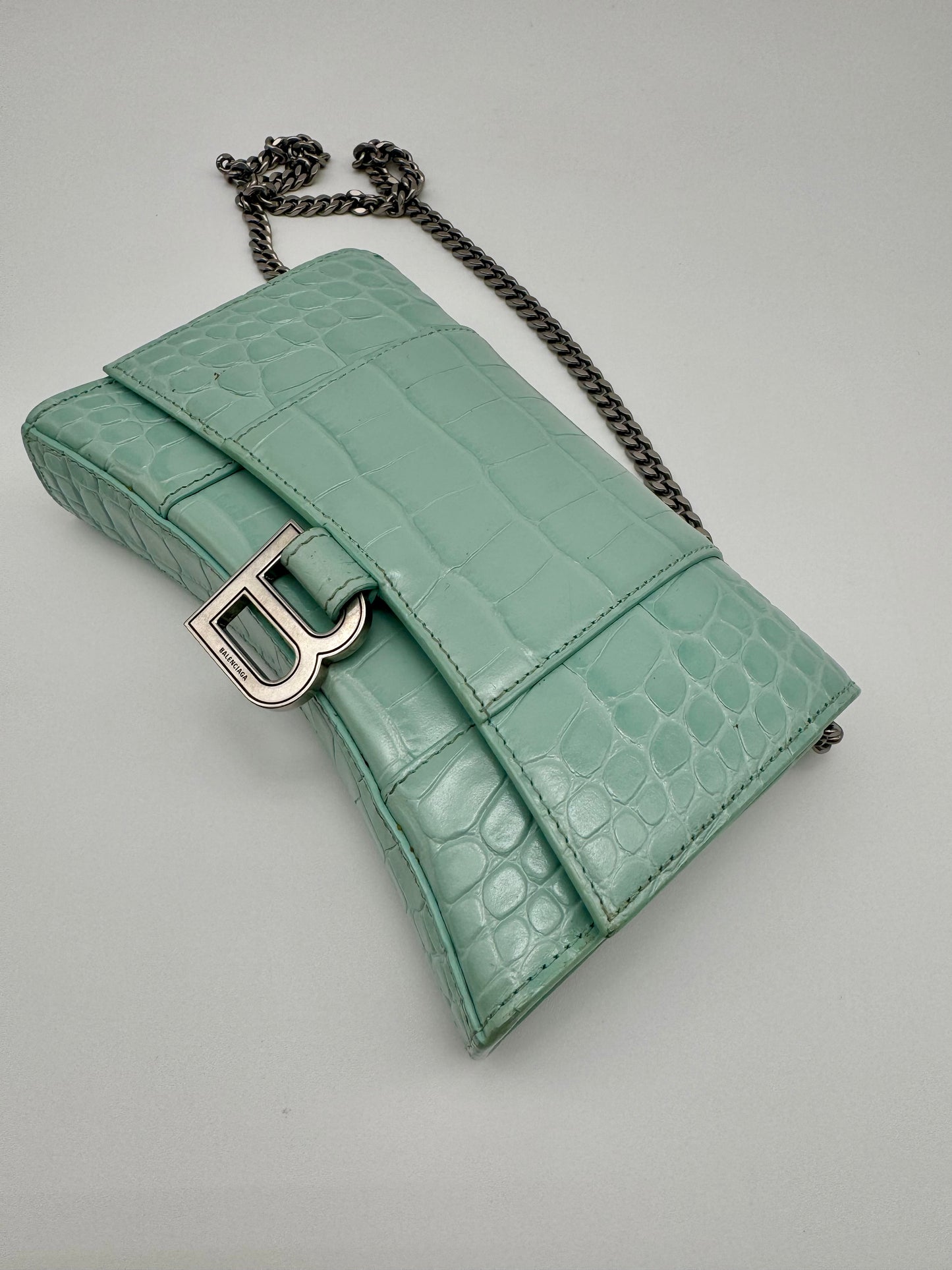 BALENCIAGA HOURGLASS CROC EMBOSSED LEATHER WALLET ON CHAIN