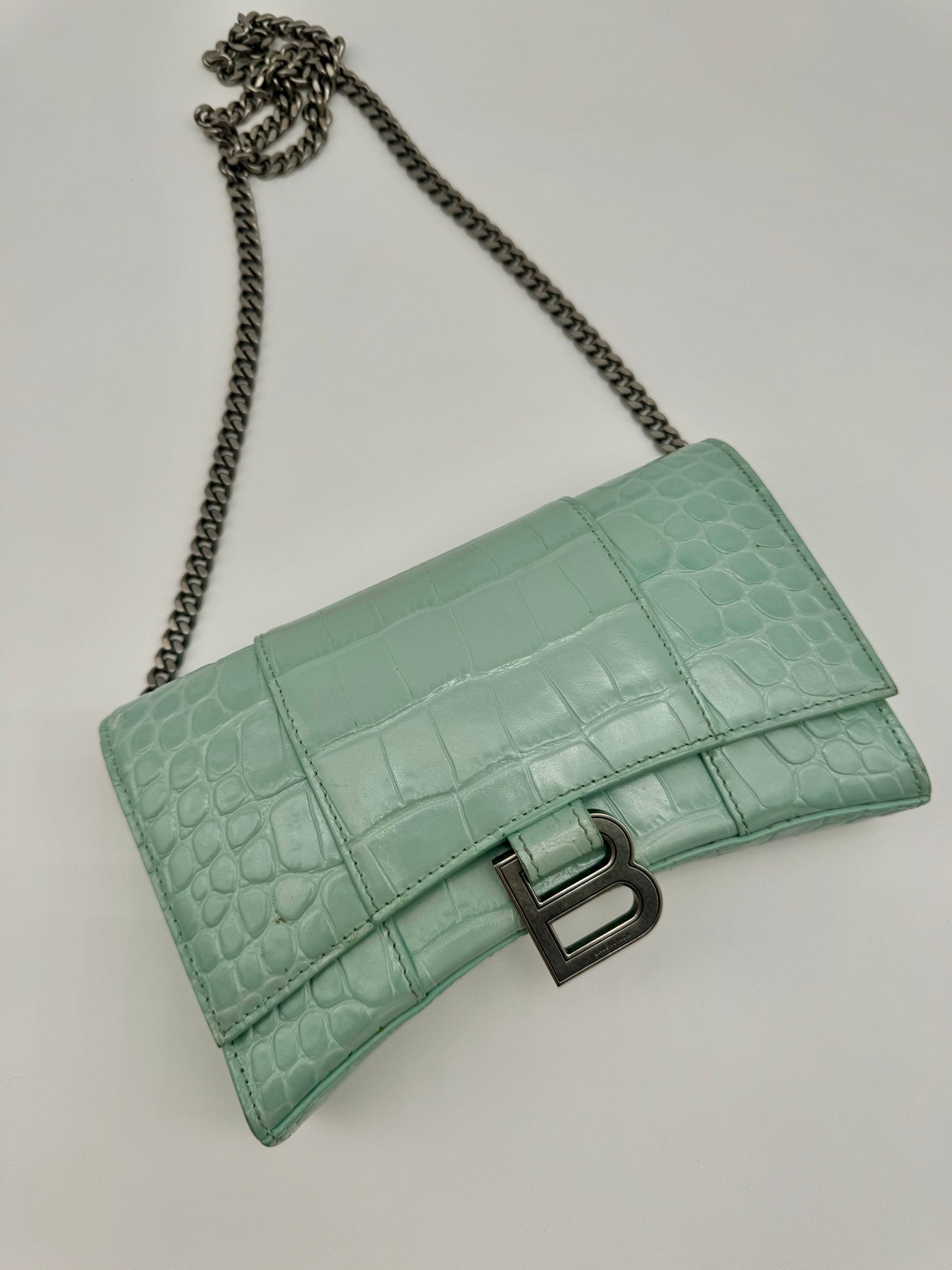 BALENCIAGA HOURGLASS CROC EMBOSSED LEATHER WALLET ON CHAIN