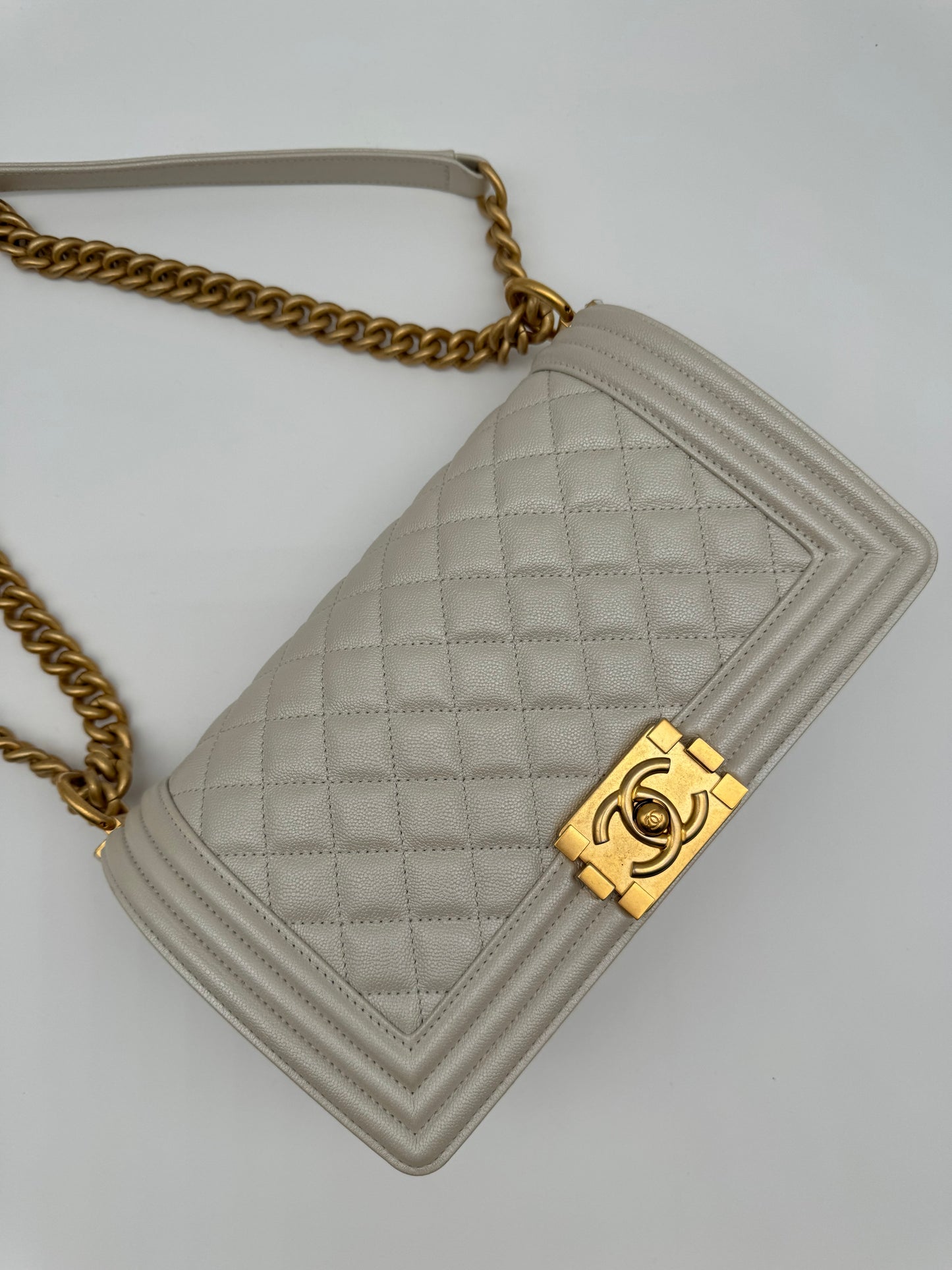 CHANEL Pearl White Quilted Caviar Leather Medium Boy Flap Bag