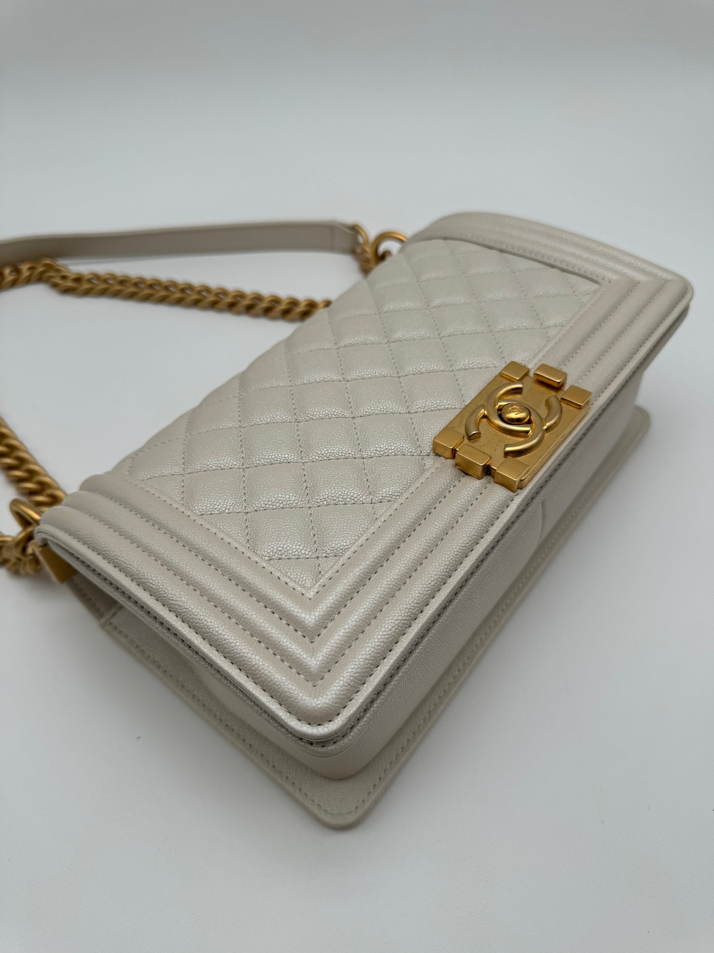 CHANEL Pearl White Quilted Caviar Leather Medium Boy Flap Bag