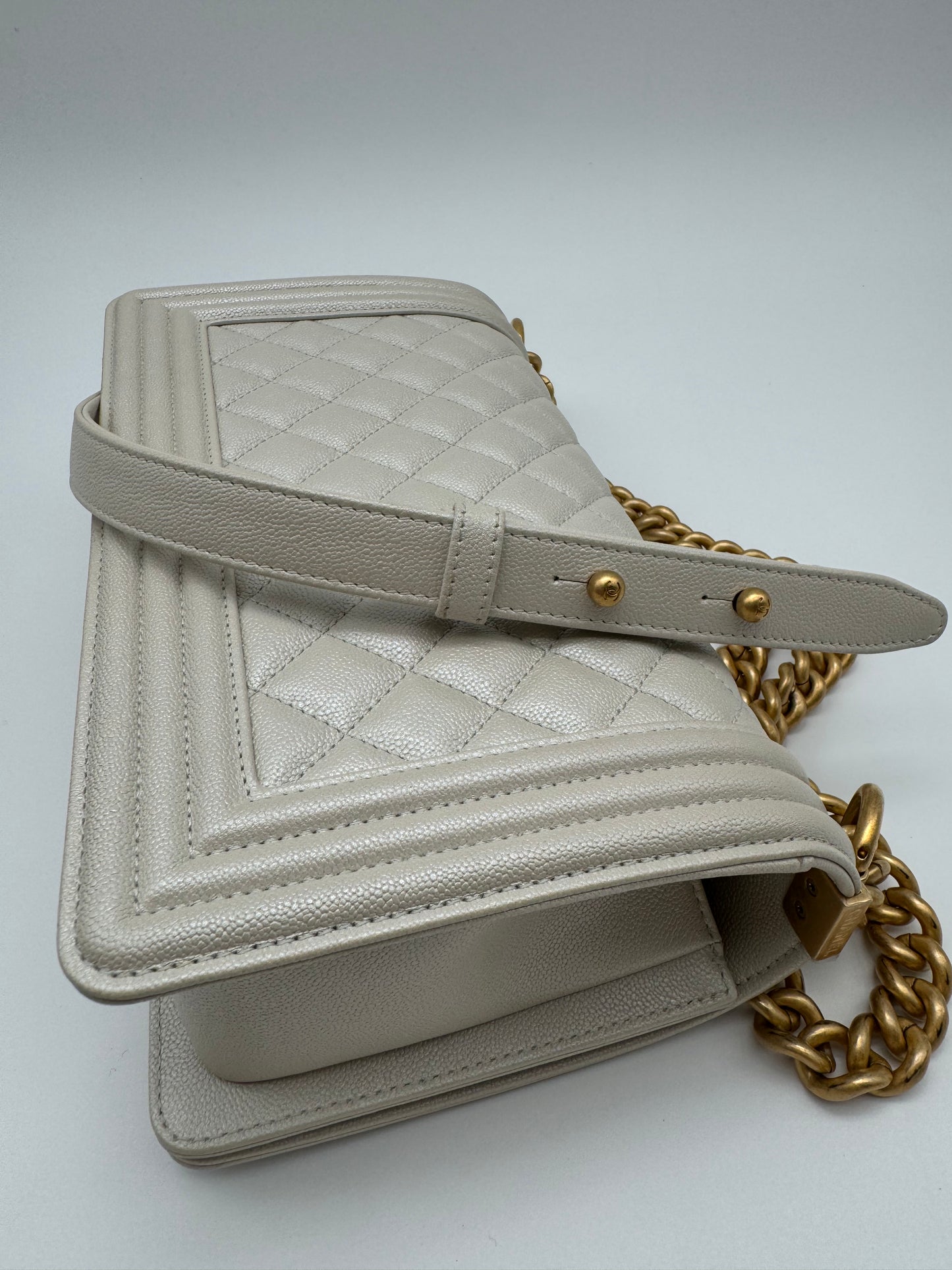 CHANEL Pearl White Quilted Caviar Leather Medium Boy Flap Bag