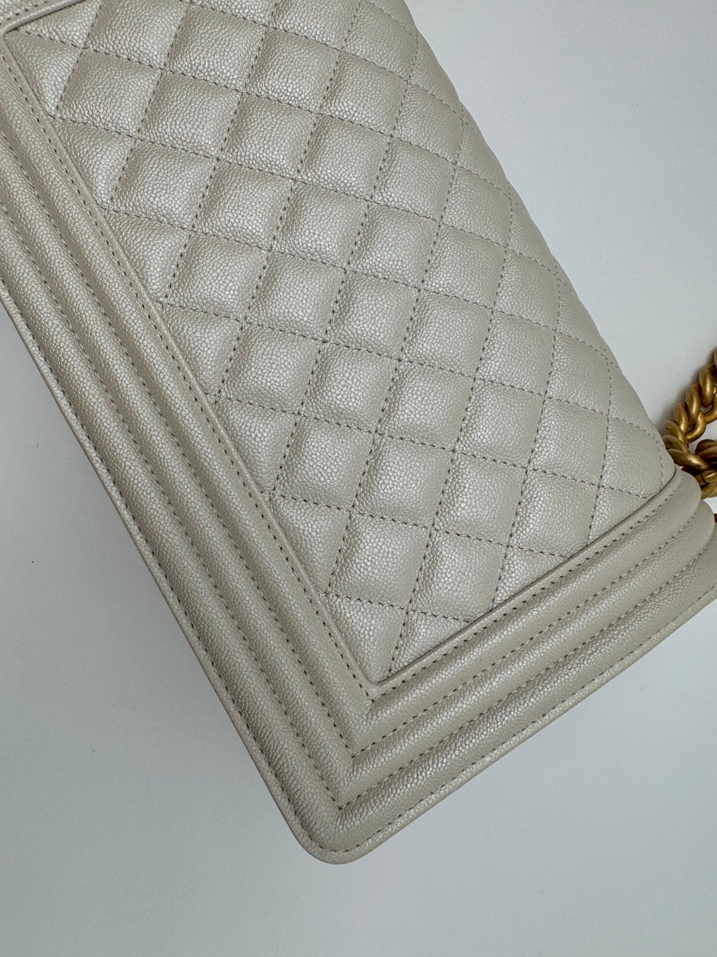 CHANEL Pearl White Quilted Caviar Leather Medium Boy Flap Bag