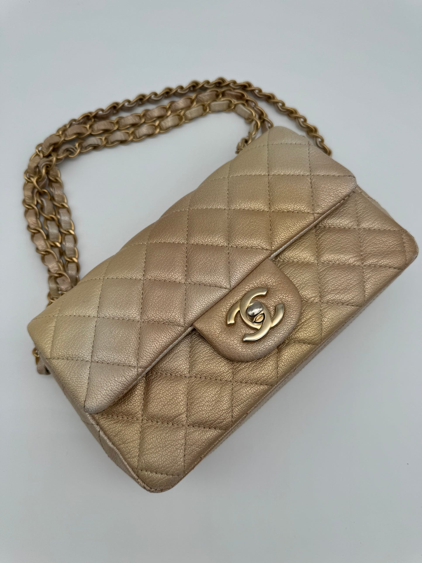 CHANEL Classic Mini Rectangle Iridescent Goatskin Glitter Beige Gold Bag