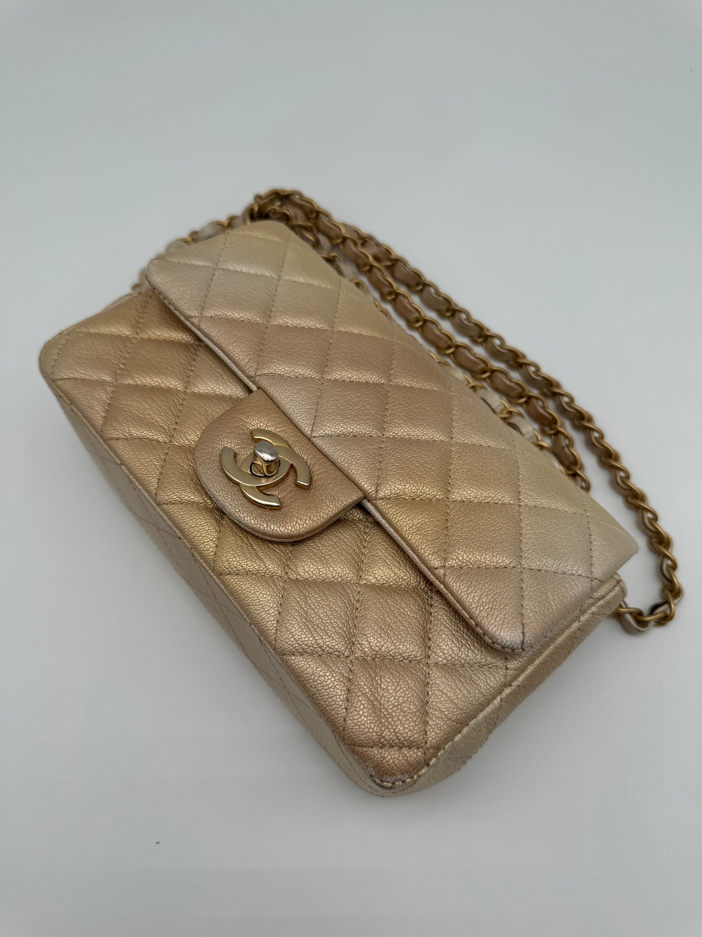 CHANEL Classic Mini Rectangle Iridescent Goatskin Glitter Beige Gold Bag