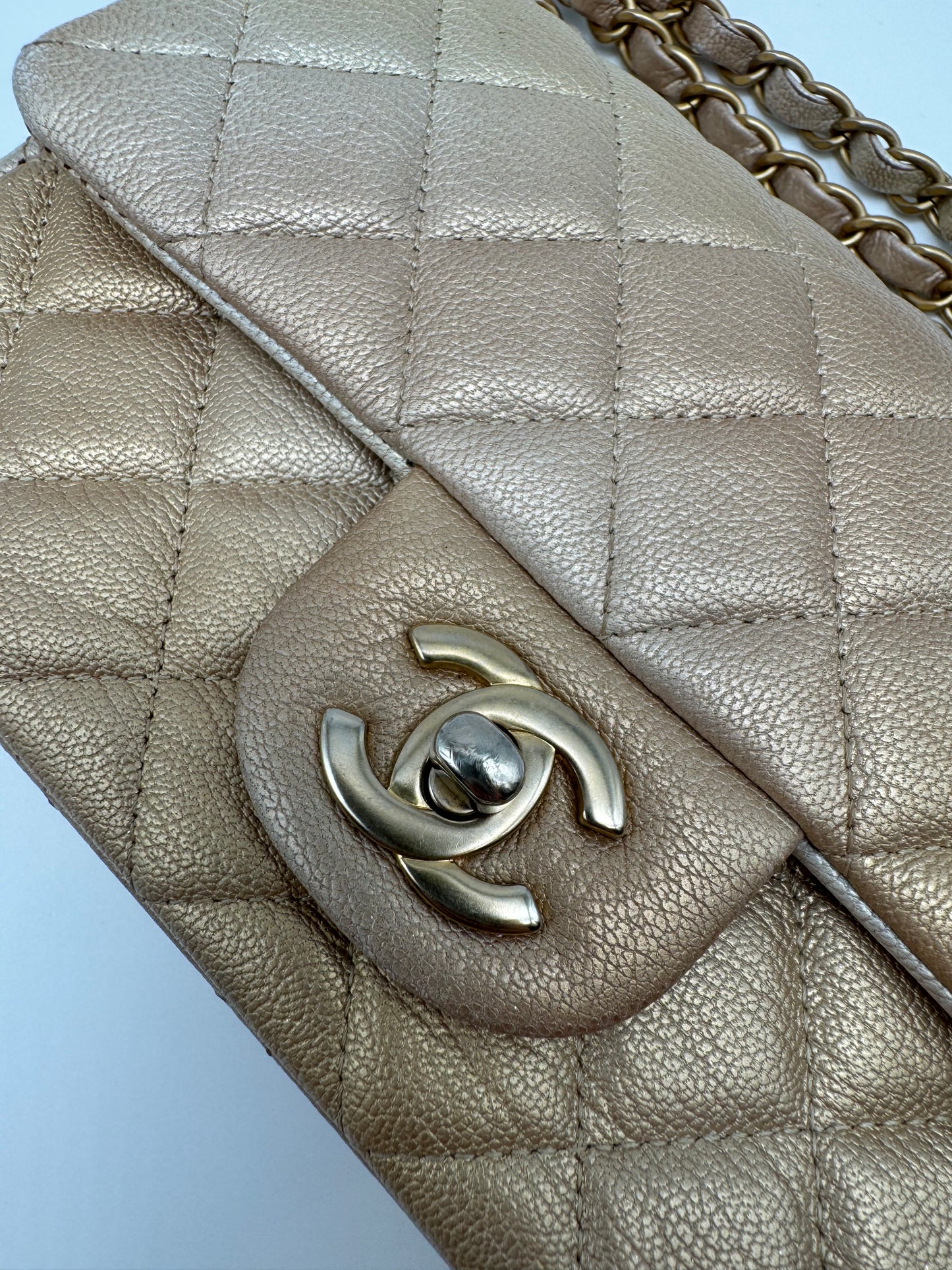 CHANEL Classic Mini Rectangle Iridescent Goatskin Glitter Beige Gold Bag