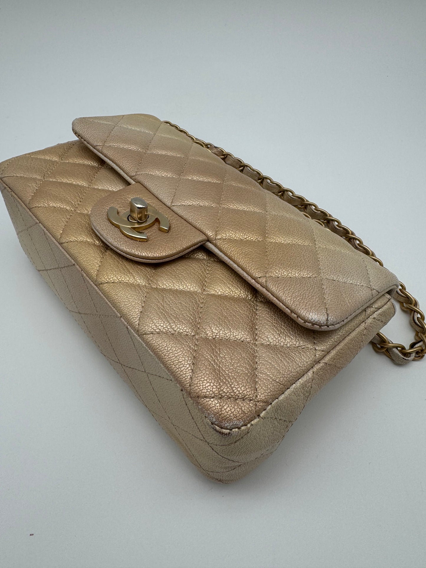 CHANEL Classic Mini Rectangle Iridescent Goatskin Glitter Beige Gold Bag