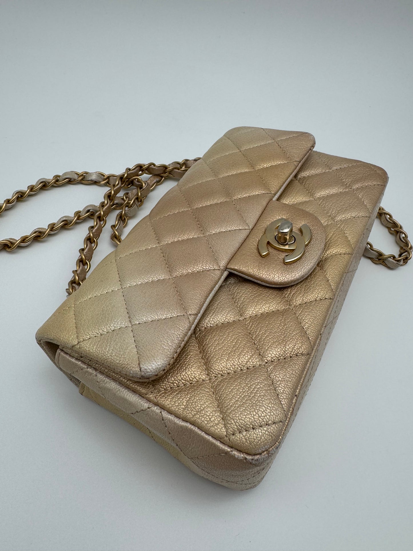 CHANEL Classic Mini Rectangle Iridescent Goatskin Glitter Beige Gold Bag