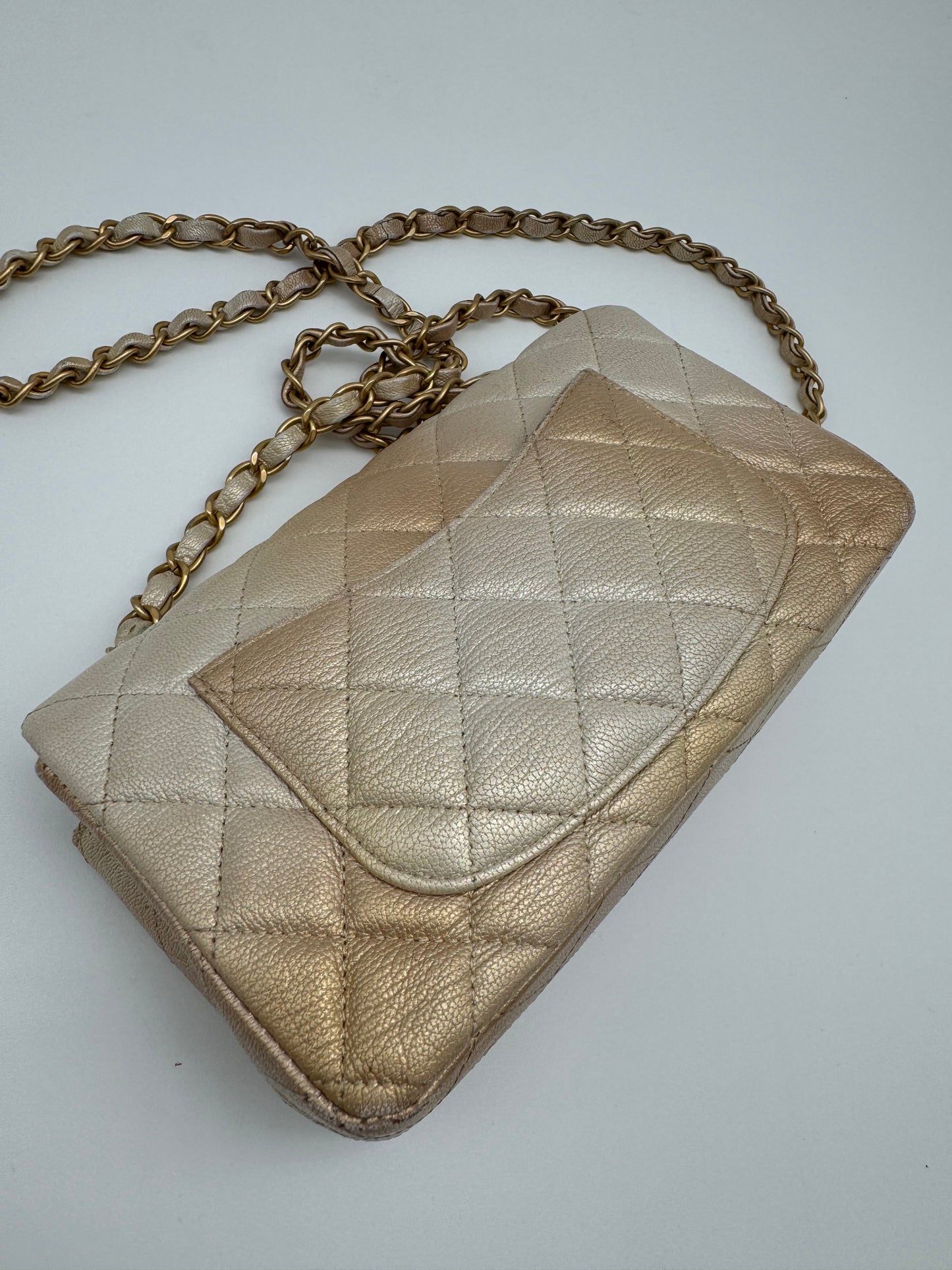 CHANEL Classic Mini Rectangle Iridescent Goatskin Glitter Beige Gold Bag