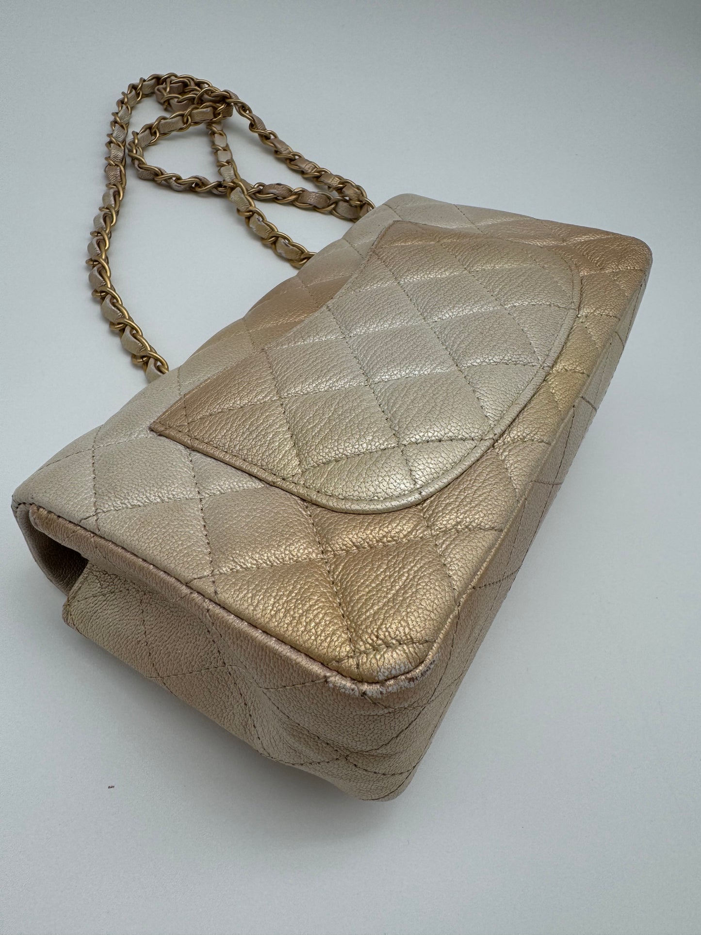 CHANEL Classic Mini Rectangle Iridescent Goatskin Glitter Beige Gold Bag