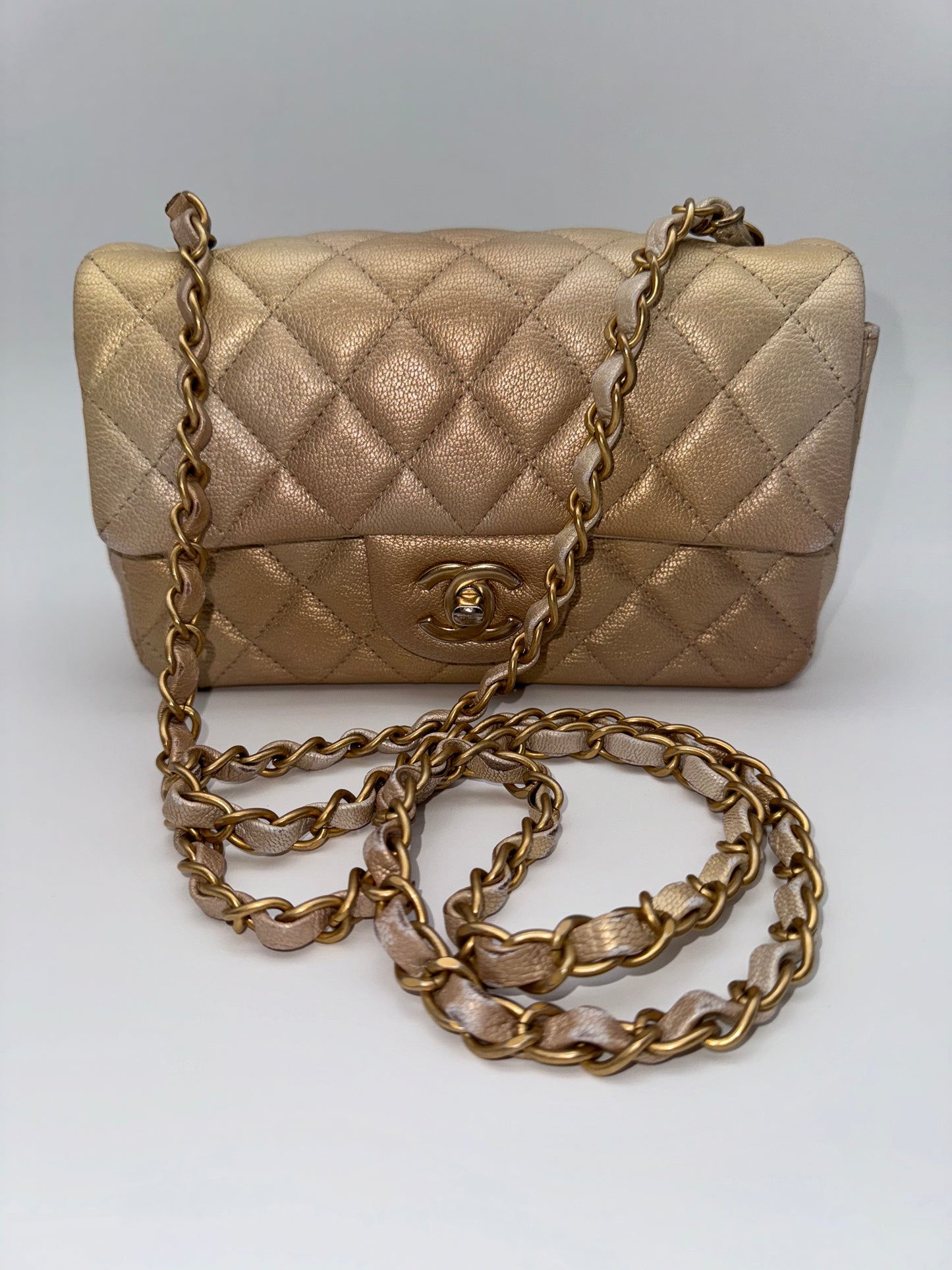 CHANEL Classic Mini Rectangle Iridescent Goatskin Glitter Beige Gold Bag