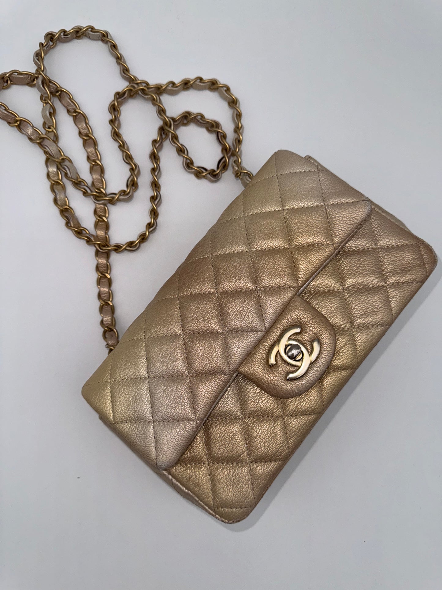 CHANEL Classic Mini Rectangle Iridescent Goatskin Glitter Beige Gold Bag