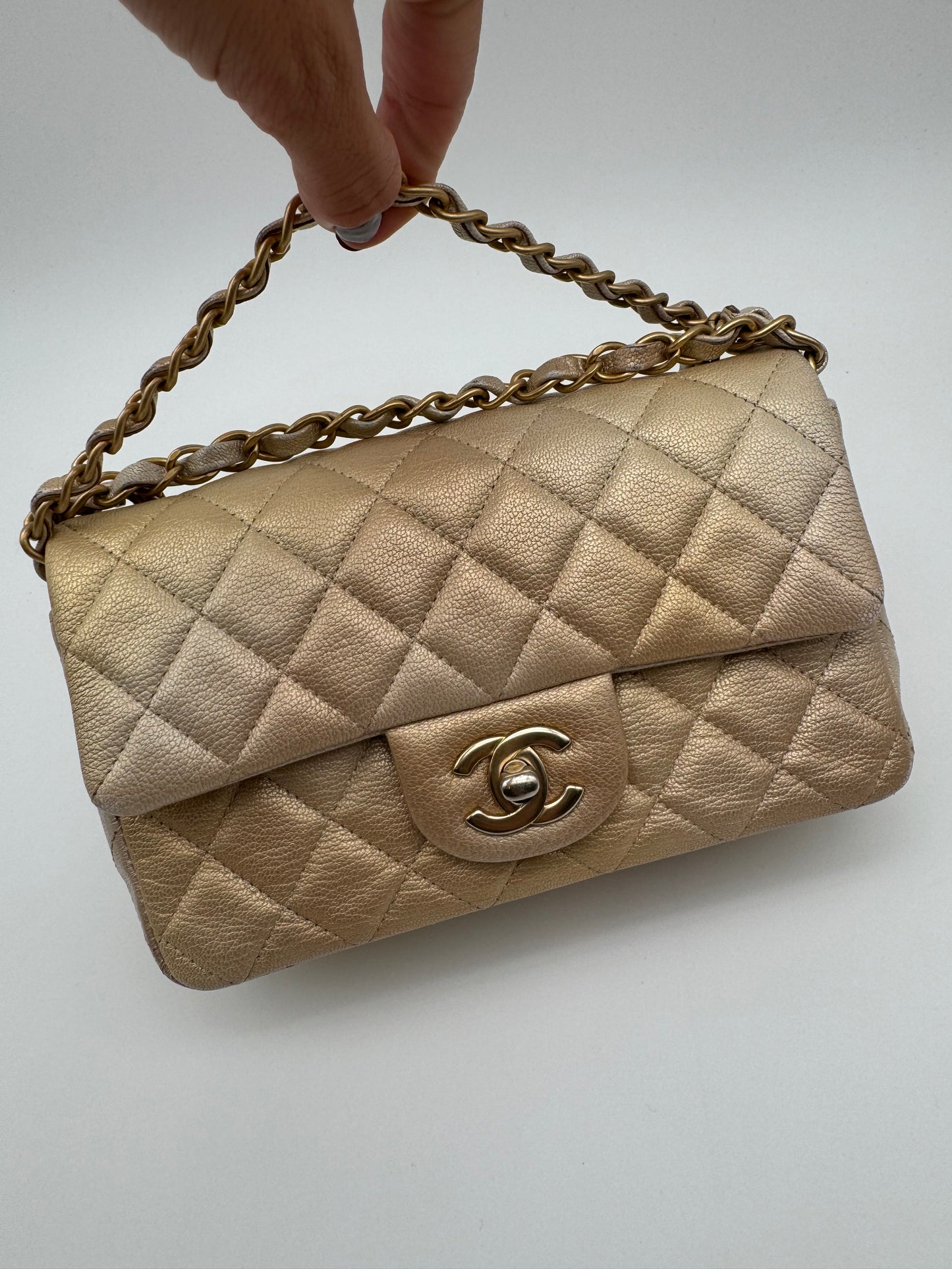 CHANEL Classic Mini Rectangle Iridescent Goatskin Glitter Beige Gold Bag