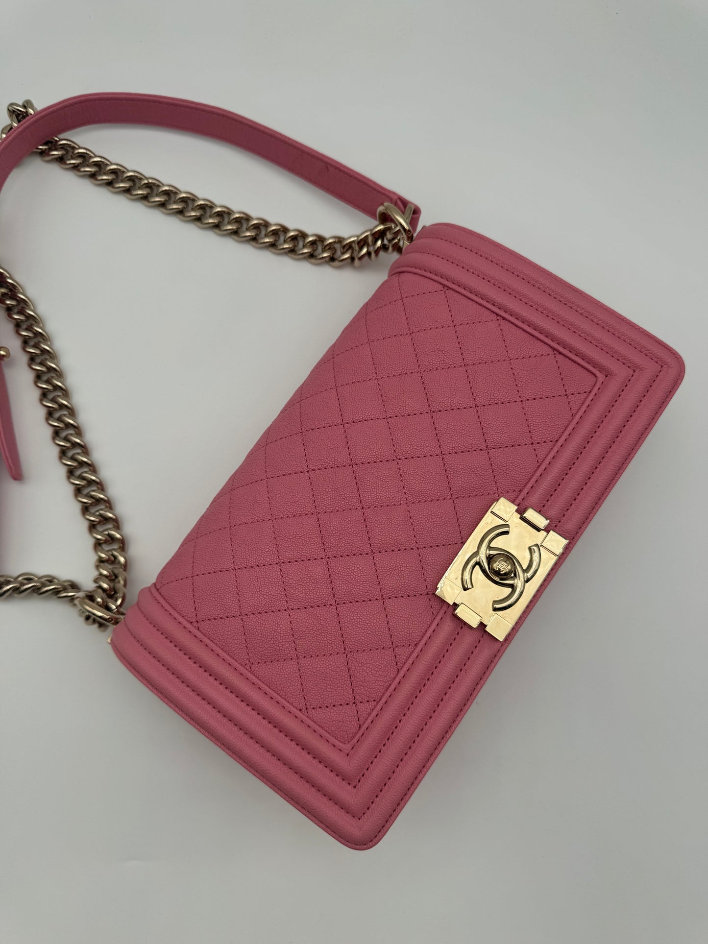 CHANEL Pink Quilted Caviar Leather Medium Boy Flap Bag