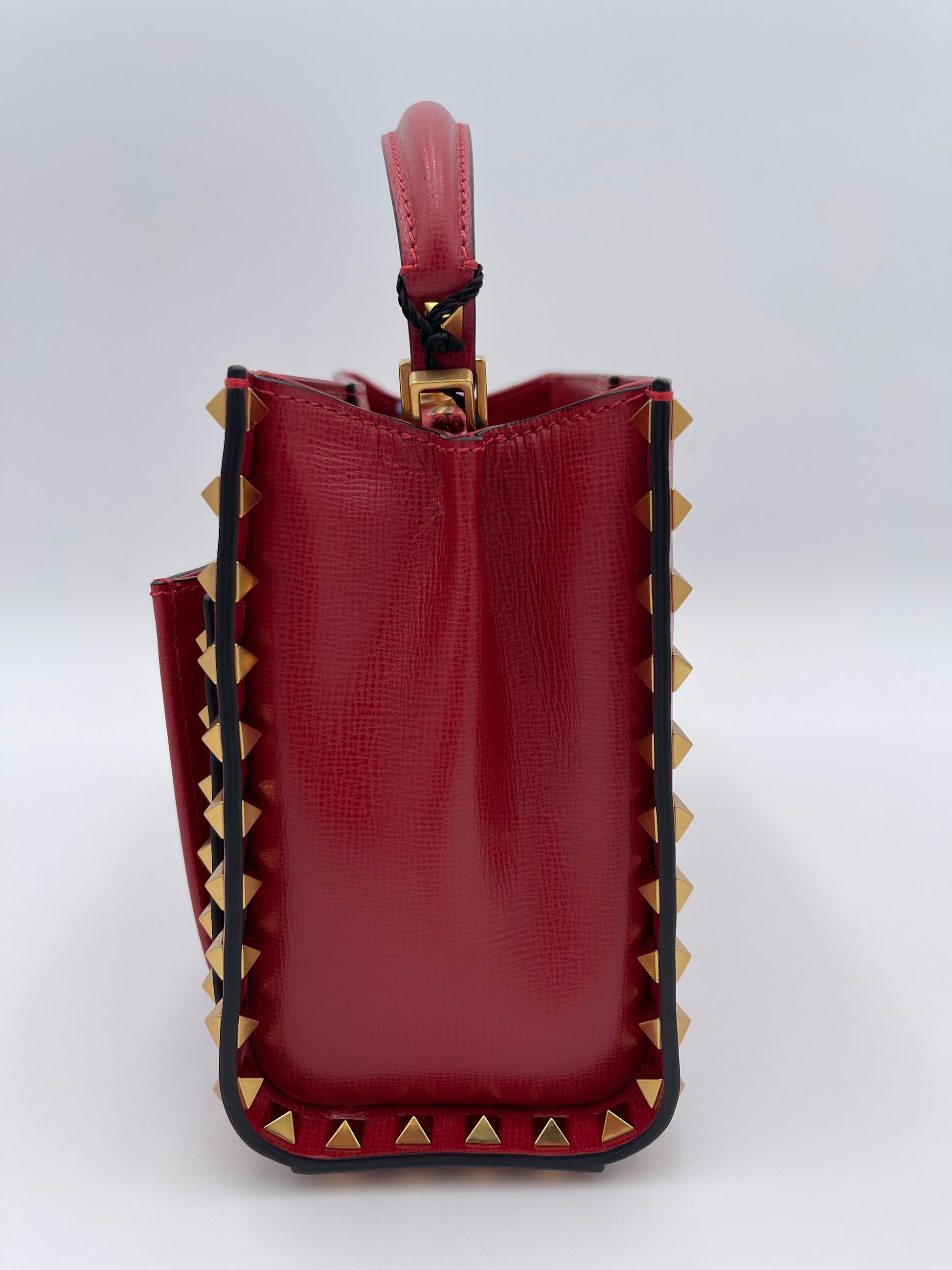 Valentino Red Calfskin Leather Rockstud Double Handle Tote Bag